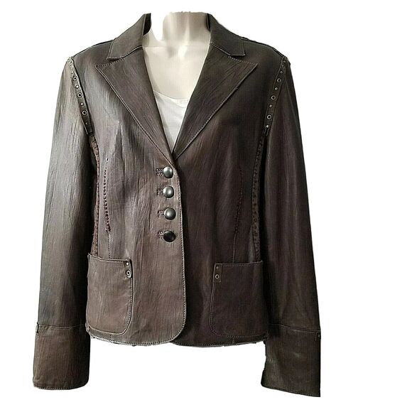 Rizal Womens  Leather Jacket brown collar button down pockets sz 2-4 S - Picture 1 of 10